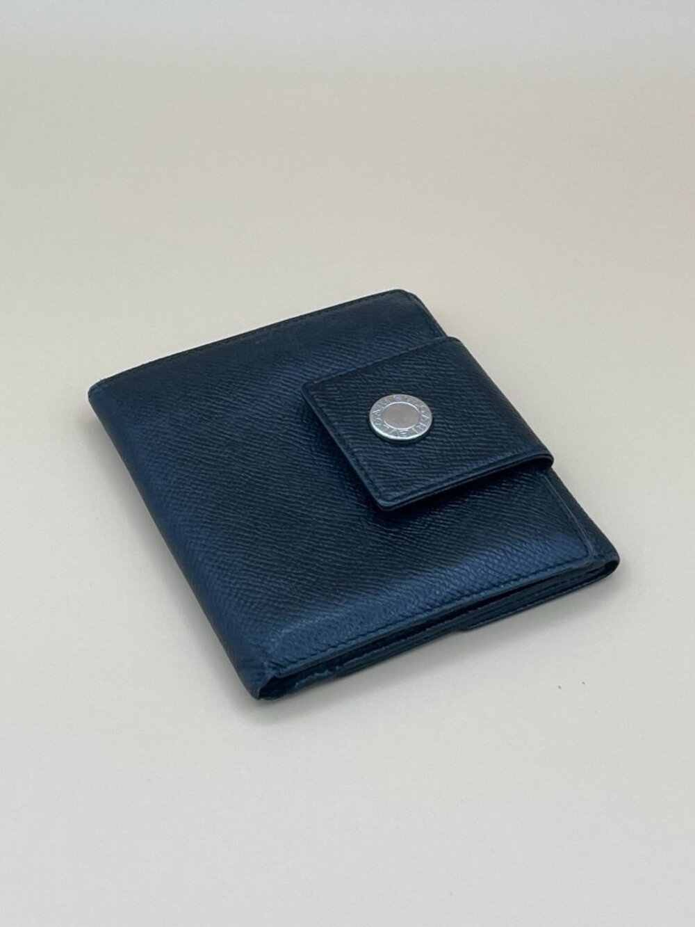 Bvlgari Bvlgari Logo Black Grained Leather Compact Trifold Wallet Silver Snap